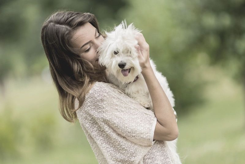 kvinne som leker med en hund av maltesisk rase utendørs