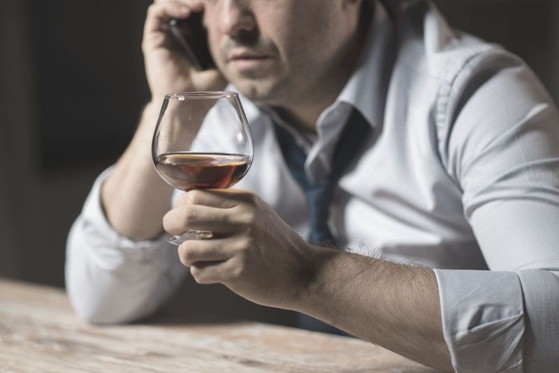 bijgesneden foto van een man die alcohol drinkt terwijl hij telefoneert