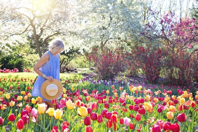 Frau genießt den Blumengarten mit verschiedenen bunten Blumen
