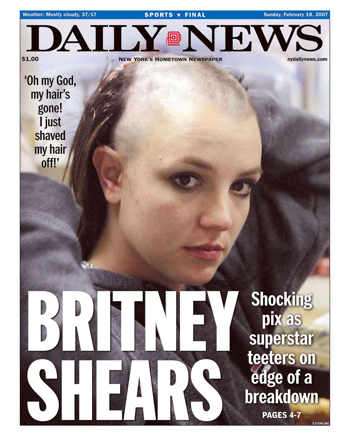 Naslovna stran Daily News 18. februar 2007, naslov: BRITNEY