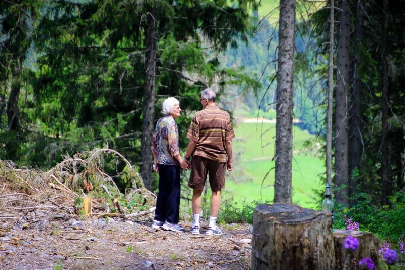 Mann und Frau halten sich an den Händen, während sie im Wald stehen