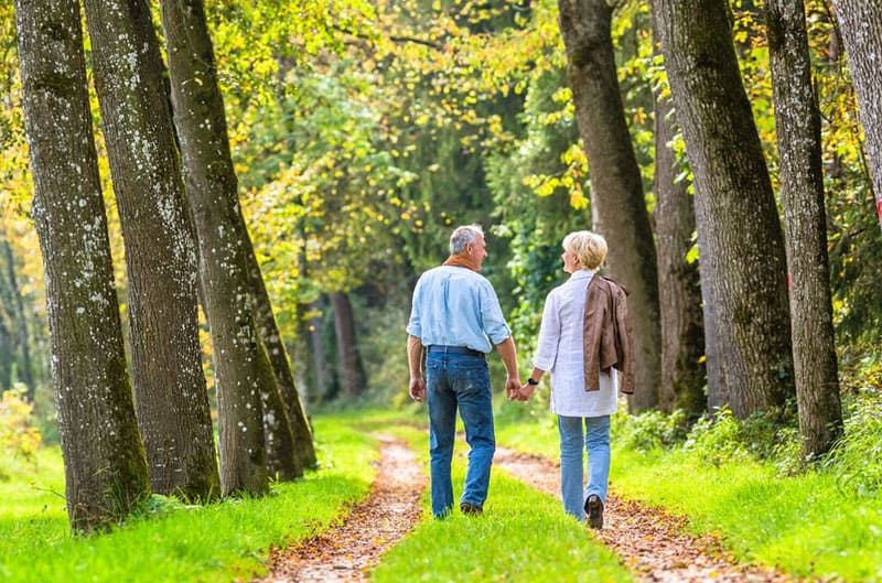 volwassen paar dat hand in hand midden in het bos loopt